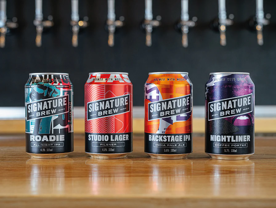 A variety of Sam McGregor Signature Brew beer cans