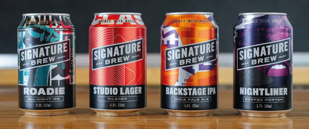 A variety of Sam McGregor Signature Brew beer cans